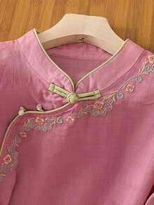 JIANHU 春夏刺绣立领上衣，现代中式纽扣设计，宽松优雅百搭衬衫 - 西瓜粉 - 查看 8