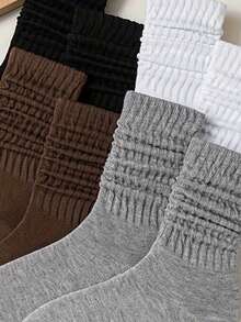 4 Pairs Women's Multi-Color Stacked Socks, Solid Colored Mid-Calf Socks, Elastic Breathable Comfortable, Over-The-Calf, Casual Style, Versatile For Daily Wear, All Seasons - Multicolor - View 6