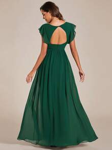 EVERPRETTY Spring Short Sleeve Ruched V-Neck Draped Asymmetric Chiffon Deep Green Bridesmaid Dress/Mother Of The Bride Dress