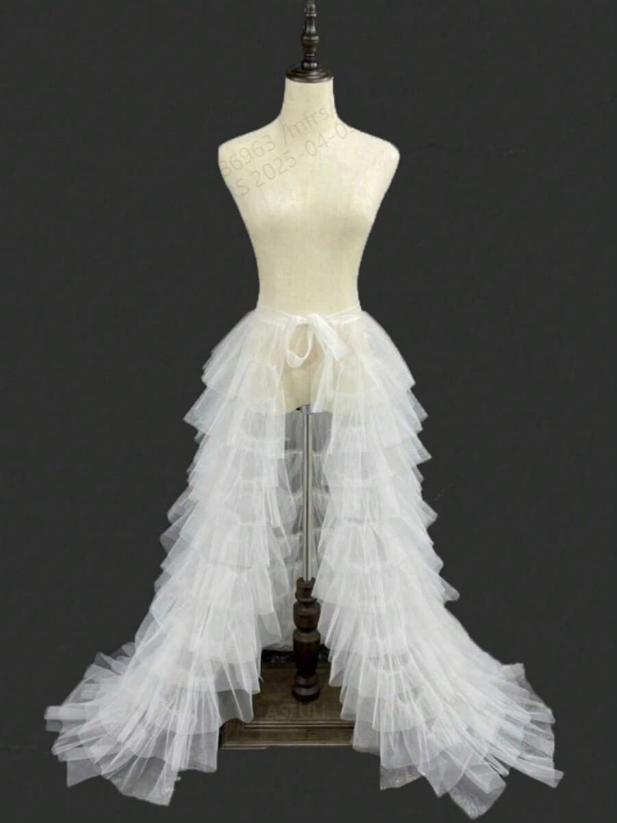 1pc Wedding/Formal Ball Gown Detachable Floor-Length Soft Tulle Skirt With Adjustable Ribbon, White/Black For Halloween Cosplay