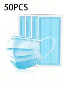 50个蓝色一次性三层防护口罩，独立包装，适用于户外、骑行、医院、建筑工地、疾病、无需化妆的外出，成人及