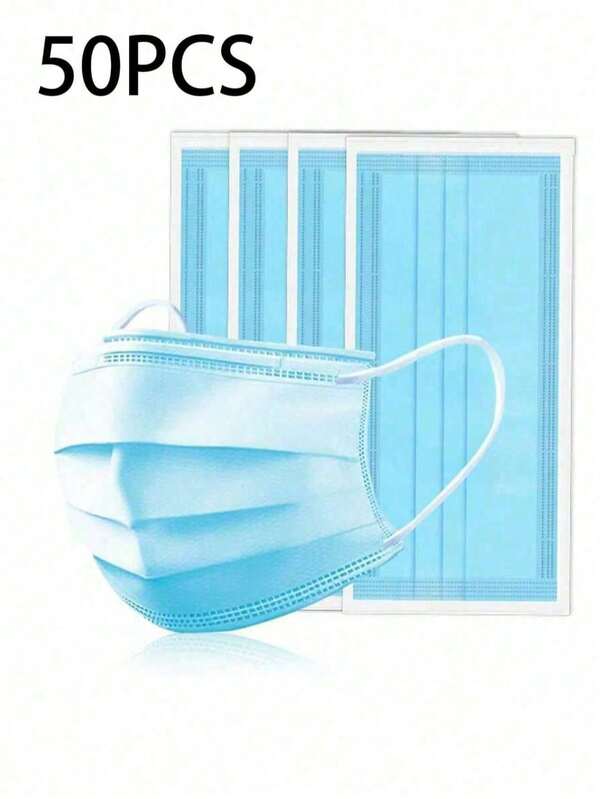 50 Stück blaue Einweg-3-Ply Schutzmasken, einzeln verpackt, geeignet für den Außenbereich, Fahrten, Krankenhaus, Baustelle, Krankheit, Make-up-freie Ausflüge, für Erwachsene