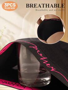 MEIYATING 3pcs Plus Size Women's Mid-Rise Briefs, Letter & Vertical Stripe Design - Black - View 6