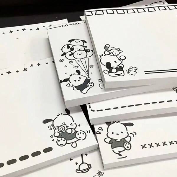 Sanrio Carnet de notes Sanrio Papa Dog noir et blanc, style simple, niveau adhésif mignon, personnalisé, idéal pour la rentrée scolaire ou le bureau. Carnet de poche avec notes adhésives