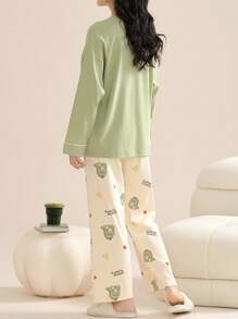 AICJ 2pcs/Set Women Casual Dinosaur Print Long Sleeve Top And Pants Pajama Set, Spring/Summer/Autumn Home Wear Outfit