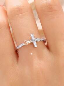 Nhẫn kim cương khảm hoa hồng và thánh giá bằng bạc Sterling 925, thời trang và sang trọng, thích hợp đeo hàng ngày, làm quà tặng sinh nhật - trắng - Xem 3