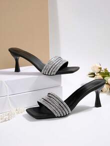 Women's Faux Leather Strap Slip-On Sandals, New Summer Fashion Thick Heeled Korean Style High Heel Outdoor Slippers, Black, Suitable For Street, Party, Commute, Business