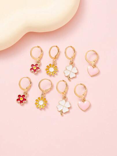 8pcs/Set Girls' Heart, Moon, Pentagram, Daisy Flower Earrings Jewelry Set