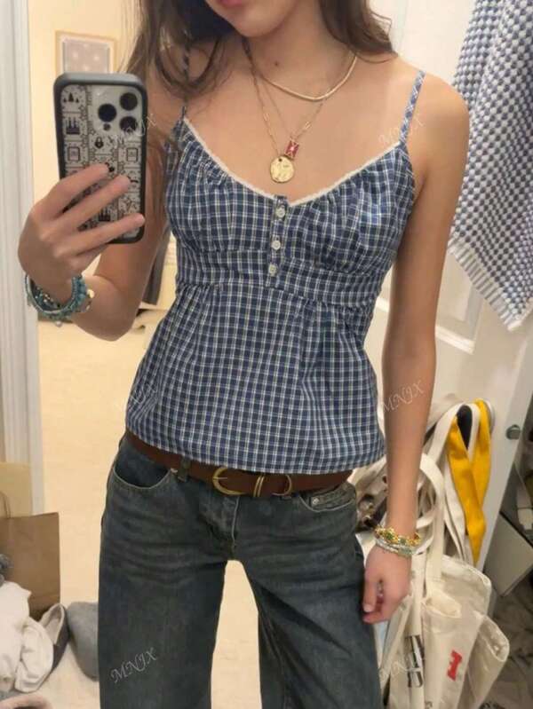 Women's Summer Casual Plaid Drawstring Camisole