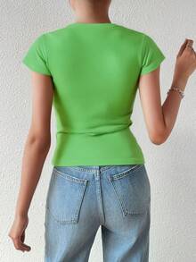 Playera dama mujer cuello redondo profundo manga corta ajustada 100% algodon fresca - Verde Lima - Ver 2