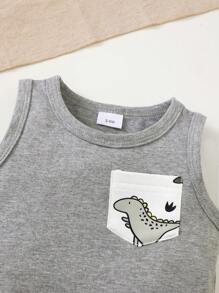 BrownBark 2pcs Baby Boys' Soft & Comfortable Casual Outfit, Sleeveless Crew Neck Cute Dinosaur Pattern Vest & Shorts Set, Lively & Adorable Style Suitable For Summer Outings