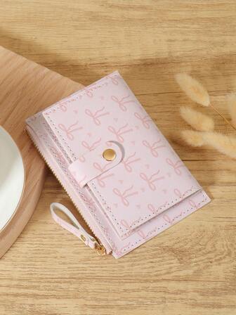 Pink Bow Love Pattern Buckle Fashion Card Holder Slim Lightweight Portable Cash Money ID Card Credit Card Coin Pocket For Birthday Gift Gift Anniversary Christmas On Valentine Day Lover Female Lady Girls Women Teenagers For College Student School Student,Bag School Supplies For School Dorm Room & Back To School