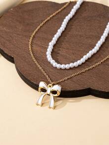 2pcs Simple Elegant Chain & Bowknot Pendant Necklace - Yellow Gold - View 3