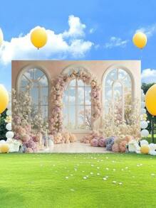 1pc Colorful Windowsill Flowers Arch Photography Backdrops Floral Vaulted Windows Party Banner 59.1*39.4/82.7*59.1/106.3*70.9 Inches Blooming Photo Background Newborn Shower Birthday Wedding Decoration Supplies