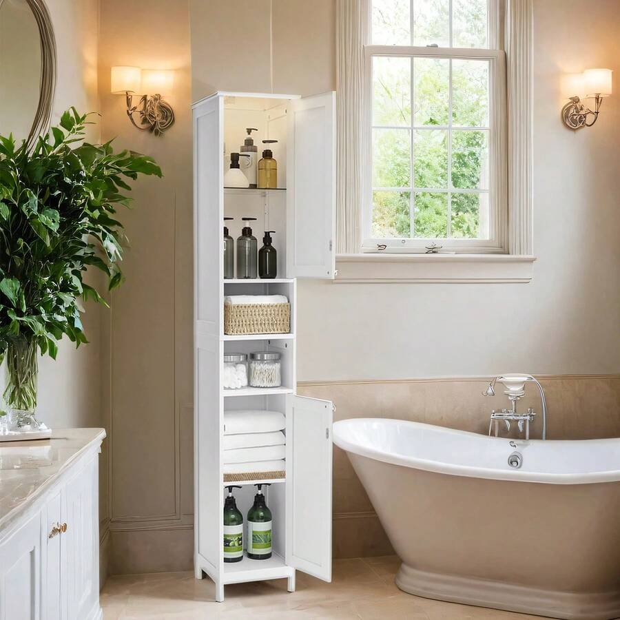VASAGLE Modern Slim Bathroom Storage Cabinet With Door-Activated Lights And Adjustable Shelves - Tall Freestanding Organizer - View 1