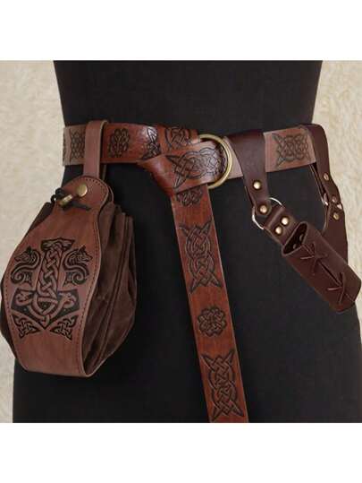 3pcs Medieval Viking Retro Faux Leather Embossed Belt Accessory Set, Renaissance Leather Sword Sheath, Weapon Sword Holder, Medieval Faux Leather Bag, Portable Drawstring Wallet, Vintage Belt Pouch Dice Bag, Suitable For LARP Costume Accessories, Party Performance Props Halloween