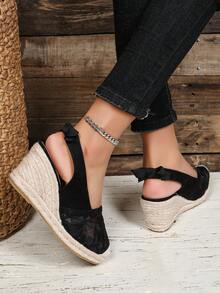 女士透气蝴蝶结橡皮筋绳时尚轻便坡跟鞋 - 黑色 - 查看 5