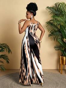 New Plus Size Women's Casual Vacation Beach Leopard Digital Printed Camisole Jumpsuit Wide-Leg Pants For Spring And Summer - Brown - View 3