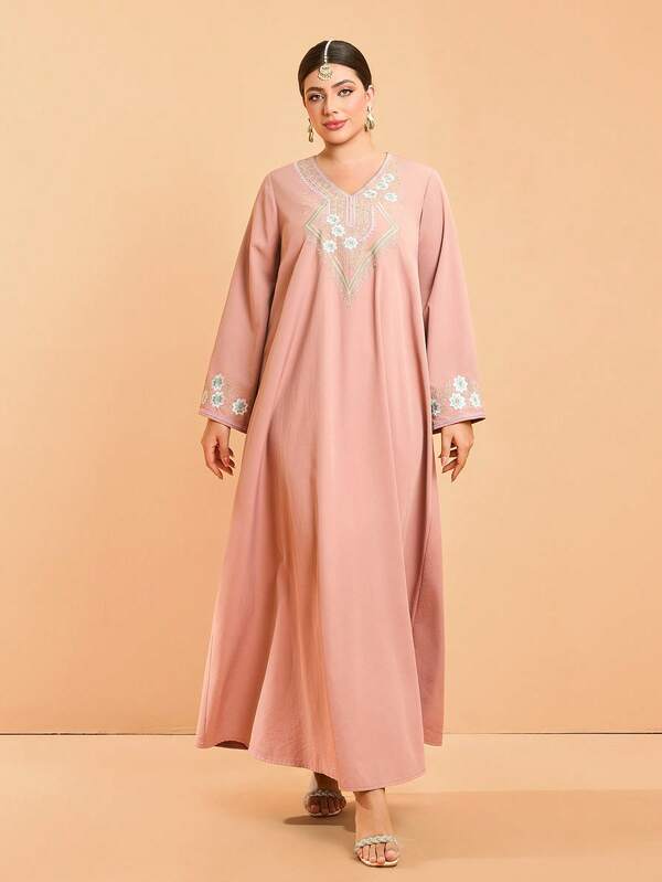 Plus Size Nova Chegada Decote V Doce Grande Burca Árabe Bordado Manga Longa Abaya Modesta para Mulheres