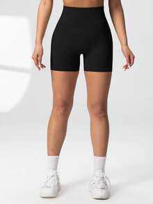 Women's Butt Lifting Seamless High Waisted Solid Shorts, Fashion Tight Casual Yoga, Running, Cycling, Black Shorts - Black - View 2