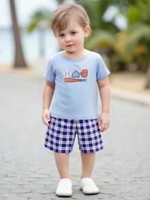 6M-4T Toddler Baby Boy Baseball Outfit For Summer Embroidery Short Sleeve T-Shirt With Plaid Shorts 2 Pcs Set - Blue - View 3