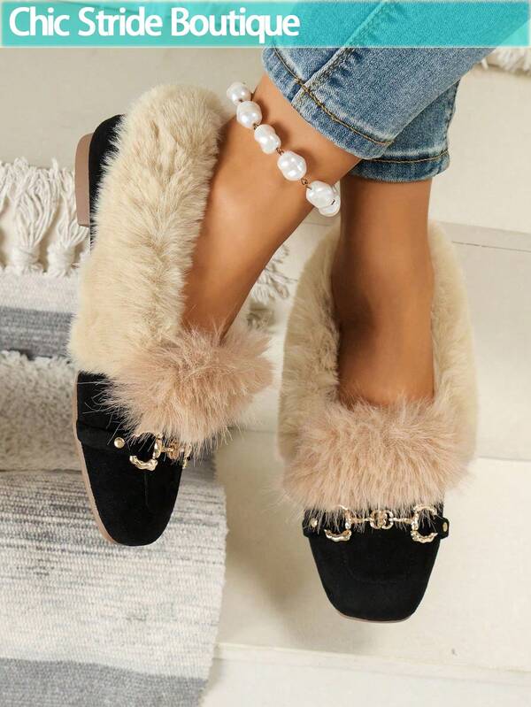 Sapatos femininos rasos e fofos com bico quadrado, calçados casuais da moda para ambientes internos/externos, para festa, calçados de inverno com forro térmico, quentes e antiderrapantes, extremamente macios e fofos