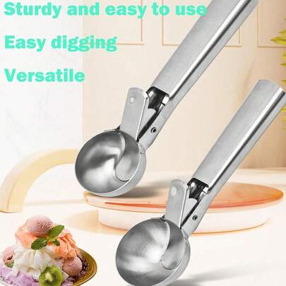 1 pieza Cuchara para helado de acero inoxidable, perfecta para yogur helado, cuchara multifuncional para helado de acero inoxidable de doble uso, cuchara para helado antiadherente con mango cómodo y antiescarcha, cuchara para helado de metal resistente con gatillo, cuchara para relleno resistente, herramienta para hacer helado en casa, fácil de limpiar, apta para helado, masa de galletas, sorbete, almendra, ideal para cocina, heladería y restaurante occidental