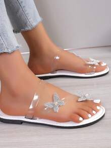 2025 Summer New Arrival Plus Size Women's European And American Style Slip-On Rhinestone Decorated Flat Bow Sandals, Fashionable Net Celebrity Casual Versatile Comfortable Lightweight Non-Slip Wear-Resistant Beach Slippers - White - View 4