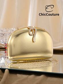 1pc Women's Luxury Golden Glitter Asymmetric Leather Mini Box Clutch Bag, Elegant Fashion Snake Lock Evening Bag, Suitable For Weddings, Galas, Parties, Christmas Gatherings, Formal Events, Can Be A Holiday/Birthday Gift - Gold - View 2
