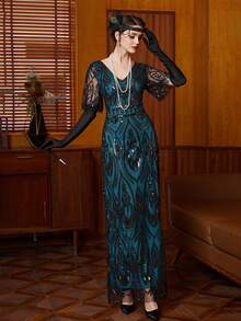 性感复古舞会长款晚礼服女加大码派对服 World Apparel 婚礼串珠伴娘礼服女士绿色派对服