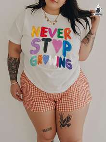 Plus Size Women Casual Holiday Round Neck Short Sleeve T-Shirt With Colorful Graphic Slogan Print - White - View 5