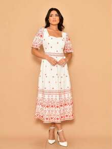 Helena Crepe Printed Midi Dress With Short Sleeves - Red - View 5