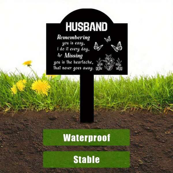 4-Season Gift In Memory Of Husband, Black Acrylic Garden Stake - Waterproof Condolence Plaque With Butterfly & Floral Design, Durable Outdoor Gravesite Decor For Patio, Lawn Or Garden, Suitable For Easter Or Year-Round Tribute, Husband Tribute | Elegant Sentiment | Waterproof Plaque, Memorial Keepsake