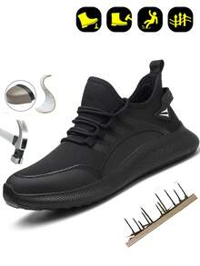 Men's Steel Toe Shoes, Anti-Smash Anti-Pierce Pure Black Lightweight Breathable Casual Office/Factory Work Shoes, Suitable For All Seasons - Black - View 2