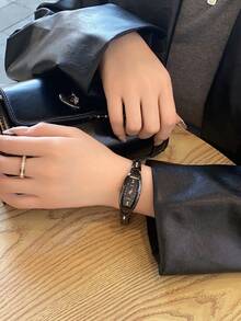 1pc Elegant Barrel Shaped Women's Quartz Watch With Black Steel Band - Black - View 5