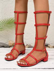 Sandały na wysokim obcasie z wyciętym kokardą i zamkiem błyskawicznym, nowe modne sandały na wysokim obcasie dla kobiet - Czerwony - Zobacz 6