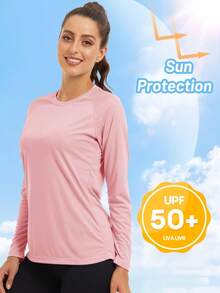 Women's UPF50+ Crew Neck Long Sleeve T-Shirts Quick Dry Sun UV Protection Tee Shirts Breathable Athletic Workout Hiking Tops - 淺粉色 - 查看 2