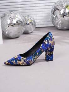 大码女式时尚香槟色印花优雅舒适粗跟高跟鞋，适合秋冬季穿着 - 藍色 - 查看 4
