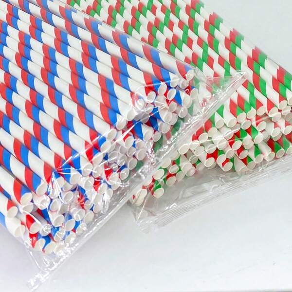 100pcs Red, Blue, & White/Red, Green, & White Striped Disposable Paper Straws, Suitable For Various Holidays