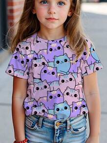 Camiseta de manga corta con cuello redondo y estampado de gato para niñas, top casual para niña joven
