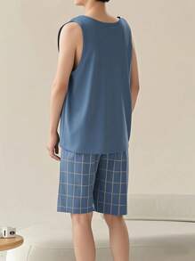 AICJ 2pcs/Set Men's Solid Color Casual Loose Outfit, Crew Neck Tank Top And Lounge Shorts Pajama Set, Spring/Summer, Cool Light Blue