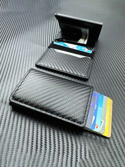 1 pieza Billetera de moda para hombre, Estuche de tarjetas de fibra de carbono de 3 colores, Soporte de tarjeta de aleación de aluminio con apertura automática, Billetera de tarjeta antirroba y antidesmagnetización, Blindaje formal/de negocios