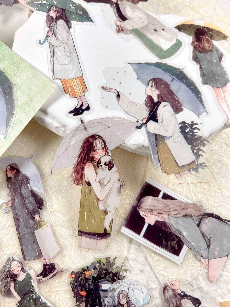 1 Pack 30pcs Rainy Day Girl PET Stickers Scrapbooking For DIY Diary, Album, Magazine Decoration,School Supplies,Back To School - Multicolor - View 1