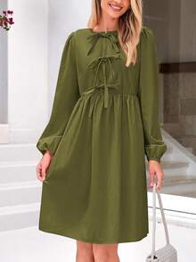 Women's Spring Long Puff Sleeve Bow Tie Front Side Pocket Babydoll Peplum A-Line Solid Color Casual Loose Cute Garden Beach Holiday Vacation Valentine's Day Short Mini Dress - 軍綠色 - 查看 3