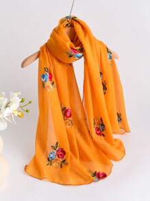 1pc Elegant Floral Embroidered Linen Scarf, Fashionable Versatile Hijab/Shawl For Women, Lightweight And Windproof For Outdoor, Daily Wear