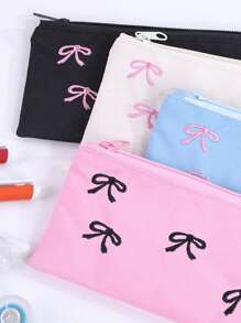 1pc Beautiful Pencil Bag, Creative Bow Embroidery Pattern , Simple And Stylish Pencil Case Desktop Finishing Essentials, Back-To-School Must-Have Stationery