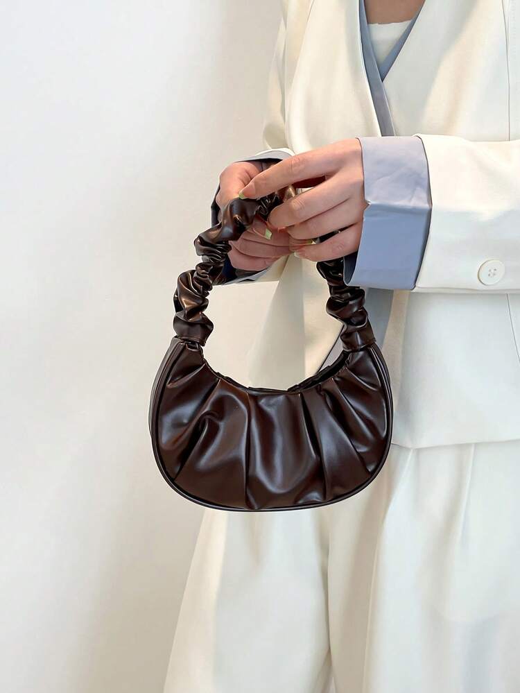 Mini Solid Color Pleated Cloud Shaped Vintage Handbag, Casual Tote Bag For Women, Autumn/Winter - Coffee Brown - View 2