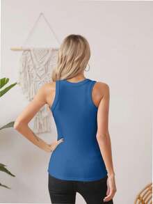 QUEENTI Women's Summer Round Neck Tank Top Stretch Camisole - Màu xanh lam - Xem 2