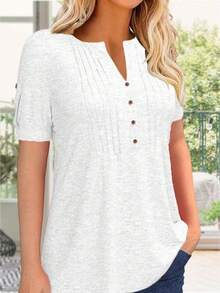 Women's Zipper Summer Pleated Button Short Sleeve T-Shirt Summer V-Neck Solid Color Casual Top - 白色 - 查看 2