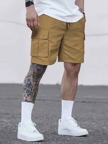 Hidkat [Primavera/Verano] Pantalones cortos tipo cargo de unicolor para hombre con múltiples bolsillos, pantalones cortos casuales con cordón para verano